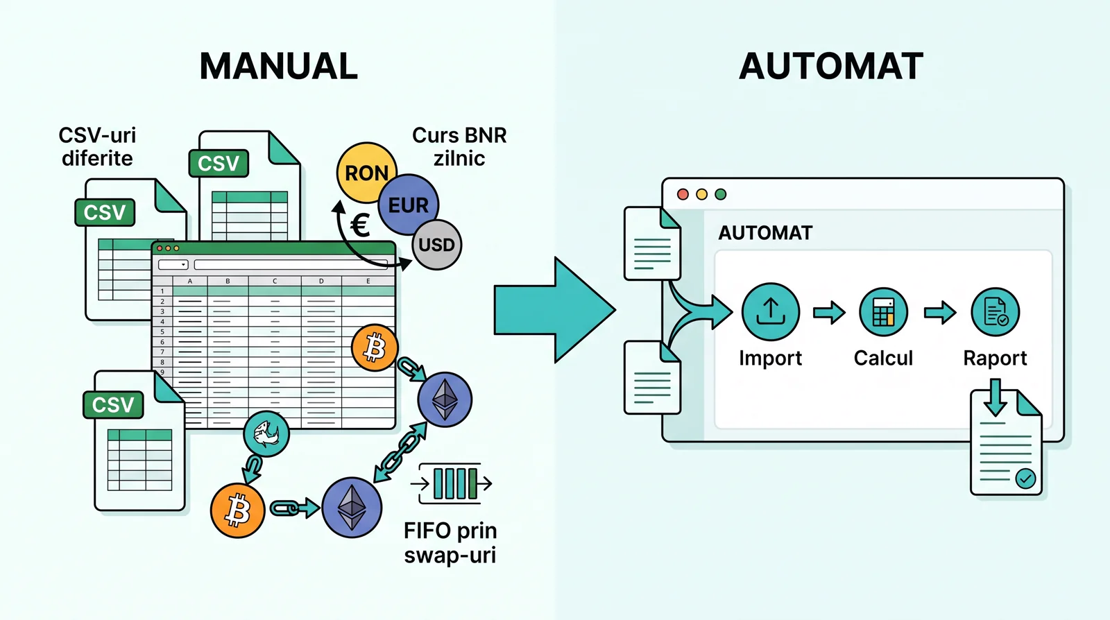 Calcul manual față de calcul automat: CSV-uri din platforme diferite, curs BNR zilnic și FIFO prin swap-uri, față de un flux de import, calcul și raport.