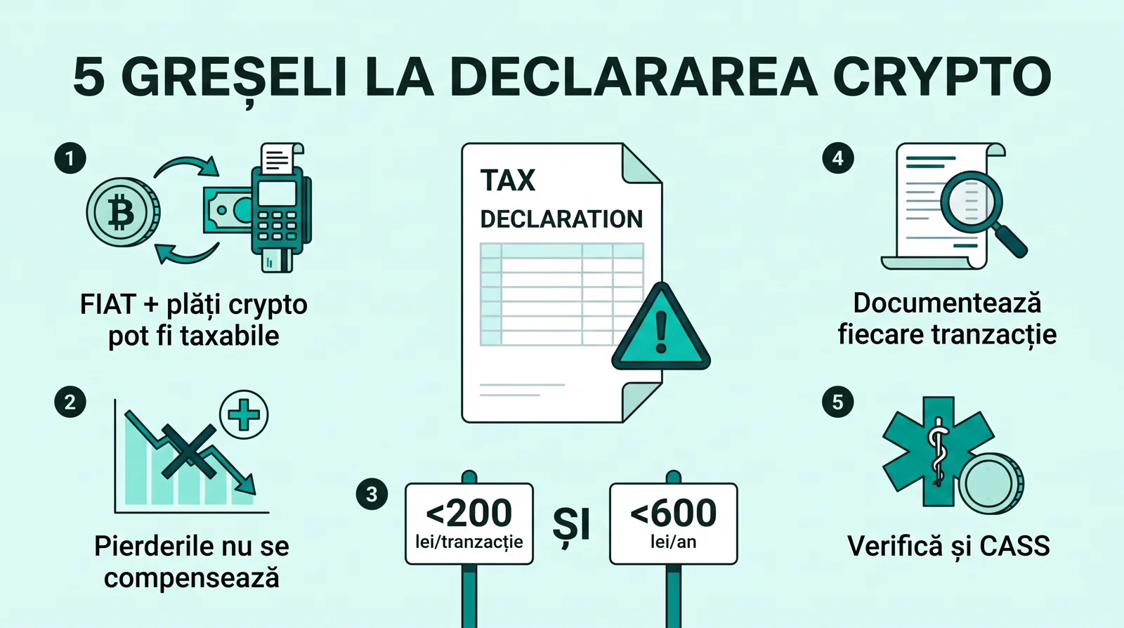 Cele cinci greșeli la declararea crypto: plata cu crypto poate fi taxabilă, pierderile nu se compensează, plafonul de 200 lei pe tranzacție și 600 lei pe an, tranzacțiile nedocumentate și CASS neverificat.