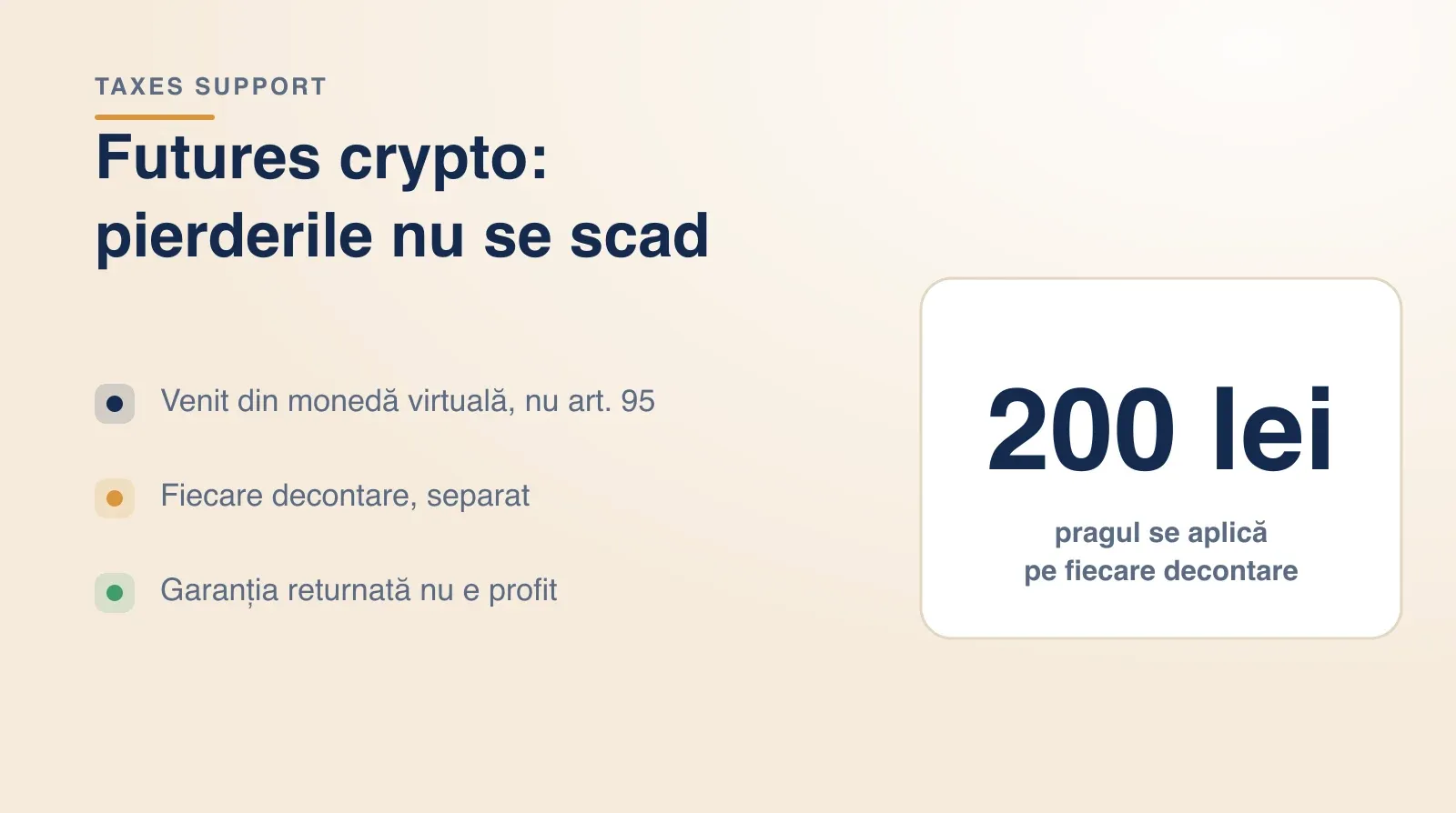 Futures crypto: se declara ca venit din moneda virtuala si nu pe articolul 95, fiecare decontare se socoteste separat cu pragul de 200 de lei, iar garantia returnata nu este profit.