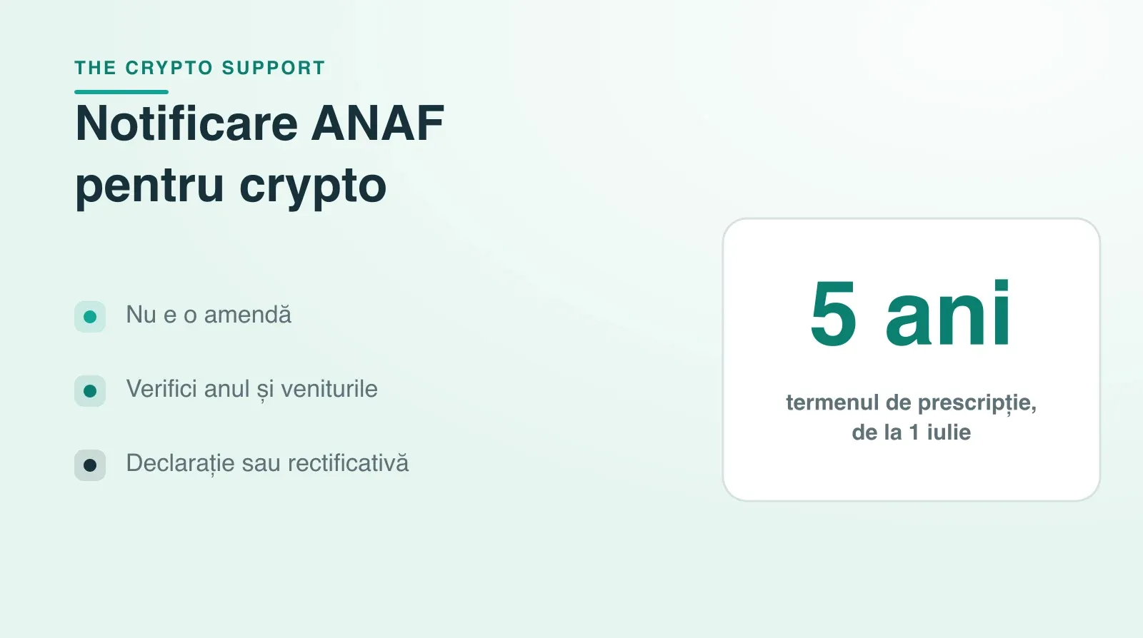 Notificare ANAF pentru crypto: nu e o amendă; verifici anul și veniturile și depui declarația sau rectificativa; prescripția e de 5 ani, de la 1 iulie.
