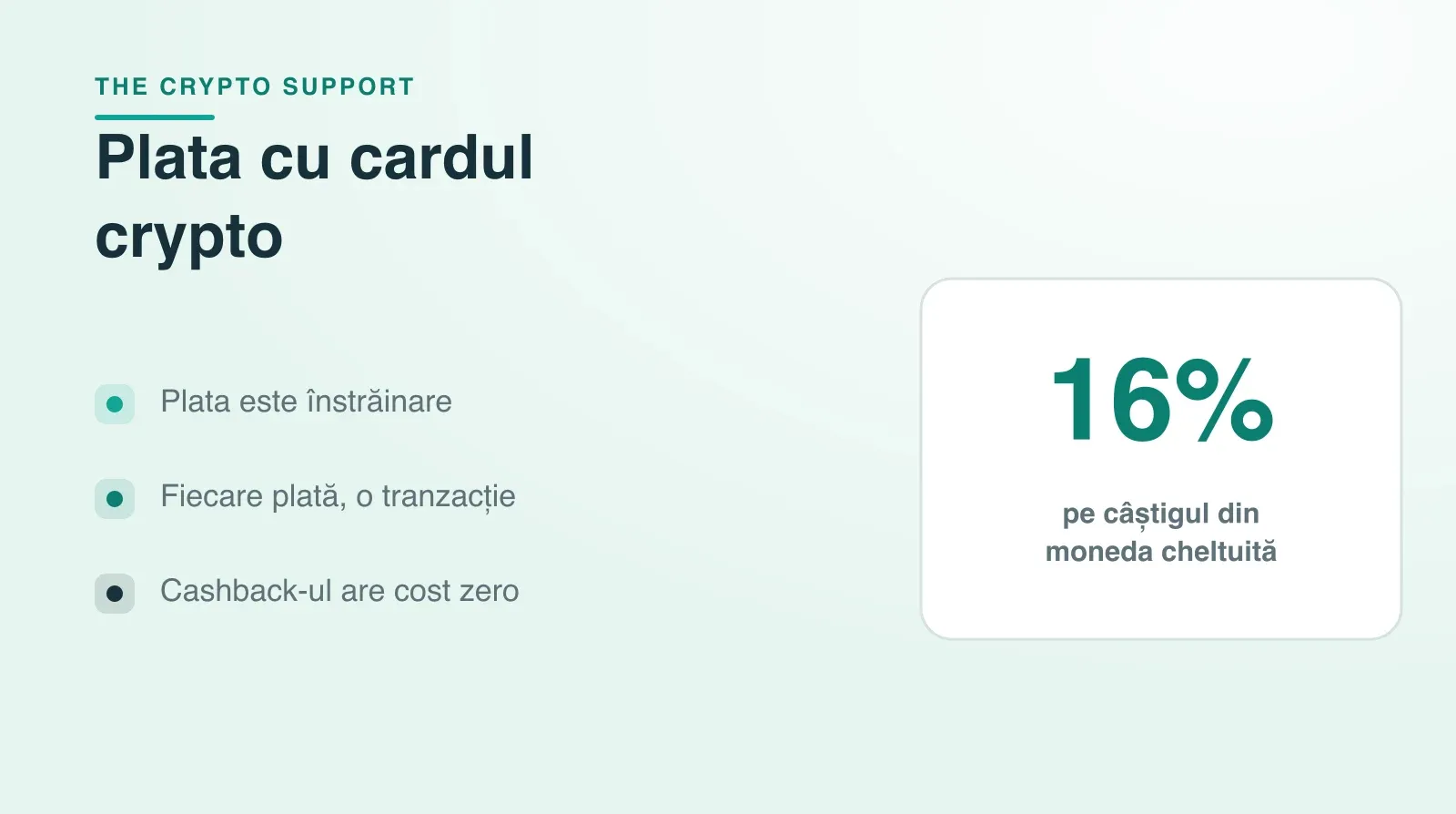 Plata cu cardul crypto: plata este înstrăinare, fiecare plată e o tranzacție, cashback-ul are cost zero; 16% pe câștigul din moneda cheltuită.
