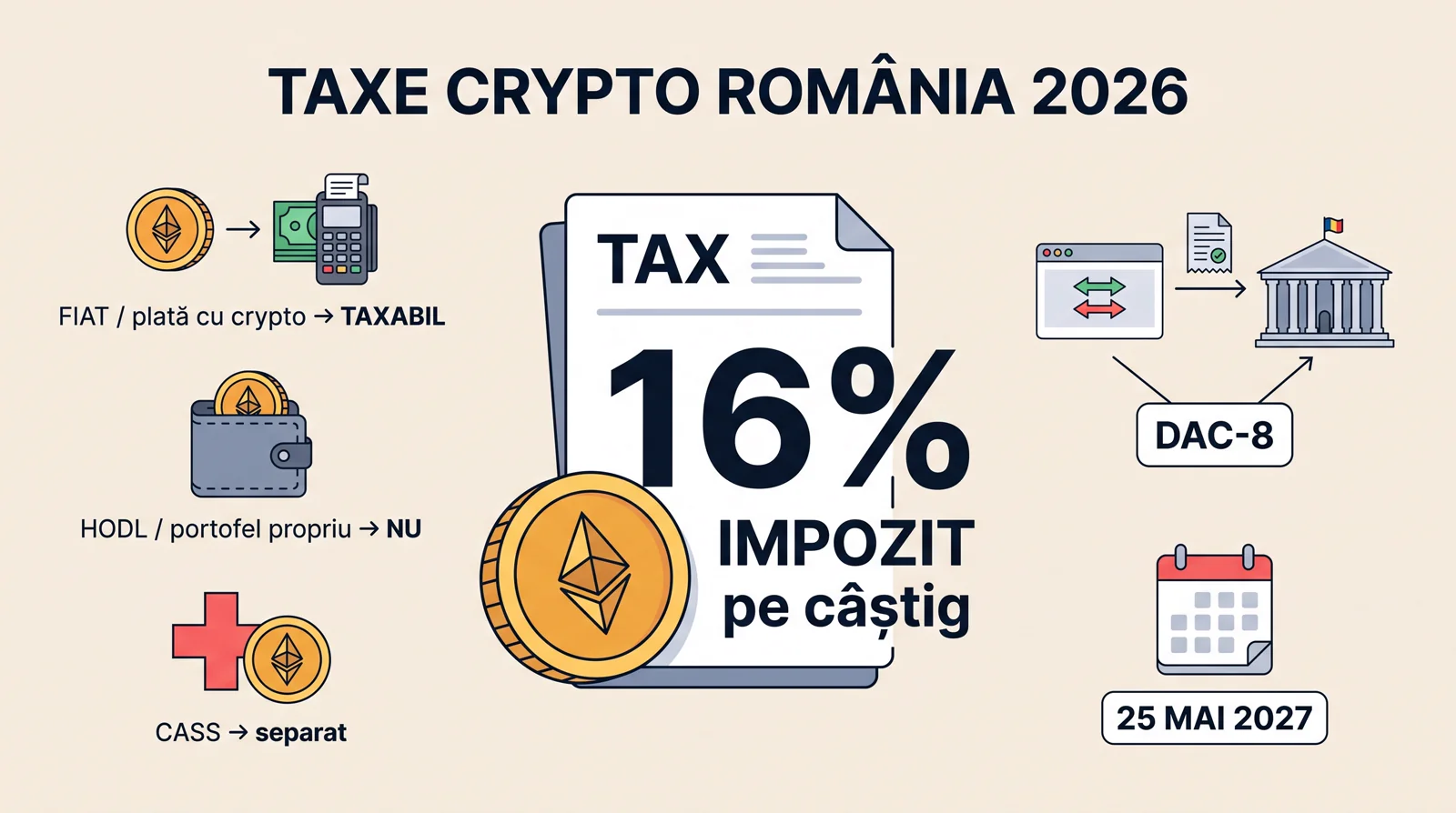 Taxe crypto în România 2026: 16% impozit pe câștig, vânzarea în lei și plata cu crypto sunt taxabile, deținerea în portofel propriu nu, CASS se calculează separat, raportare DAC-8 și termen 25 mai 2027.